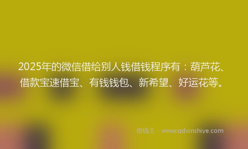2025年的微信借给别人钱借钱程序有：葫芦花、借款宝速借宝、有钱钱包、新希望、好运花等。