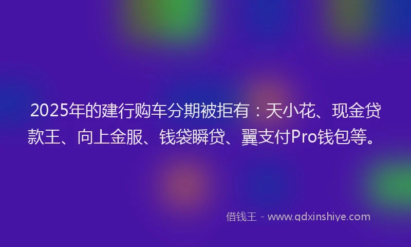 2025年的建行购车分期被拒有：天小花、现金贷款王、向上金服、钱袋瞬贷、翼支付Pro钱包等。