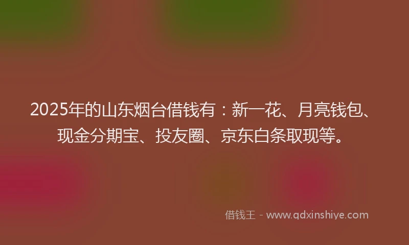 2025年的山东烟台借钱有：新一花、月亮钱包、现金分期宝、投友圈、京东白条取现等。