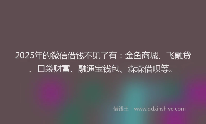 2025年的微信借钱不见了有：金鱼商城、飞融贷、口袋财富、融通宝钱包、森森借呗等。