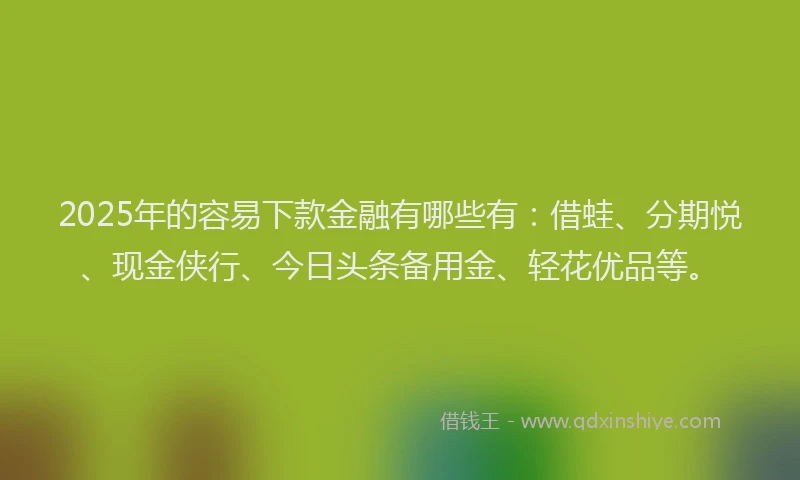 2025年的容易下款金融有哪些有：借蛙、分期悦、现金侠行、今日头条备用金、轻花优品等。
