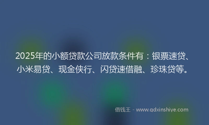 2025年的小额贷款公司放款条件有：银票速贷、小米易贷、现金侠行、闪贷速借融、珍珠贷等。
