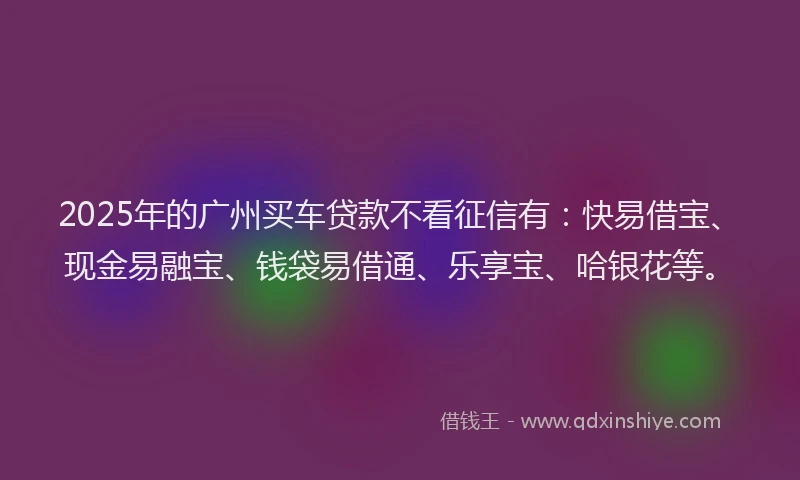 2025年的广州买车贷款不看征信有：快易借宝、现金易融宝、钱袋易借通、乐享宝、哈银花等。