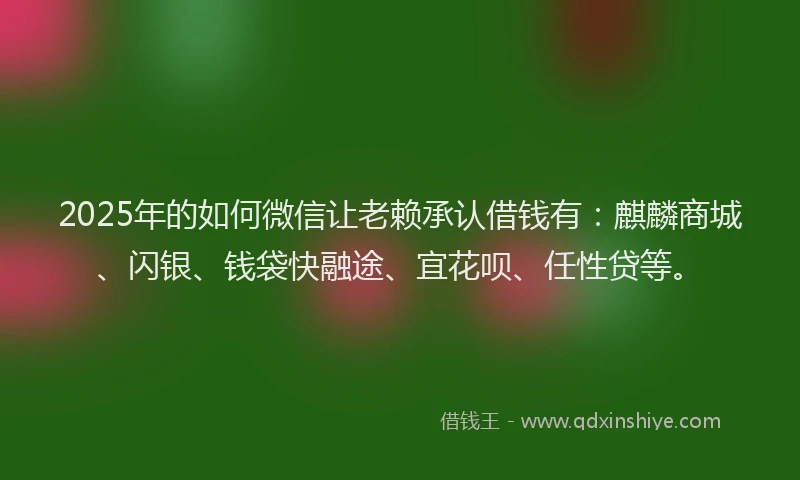 2025年的如何微信让老赖承认借钱有：麒麟商城、闪银、钱袋快融途、宜花呗、任性贷等。