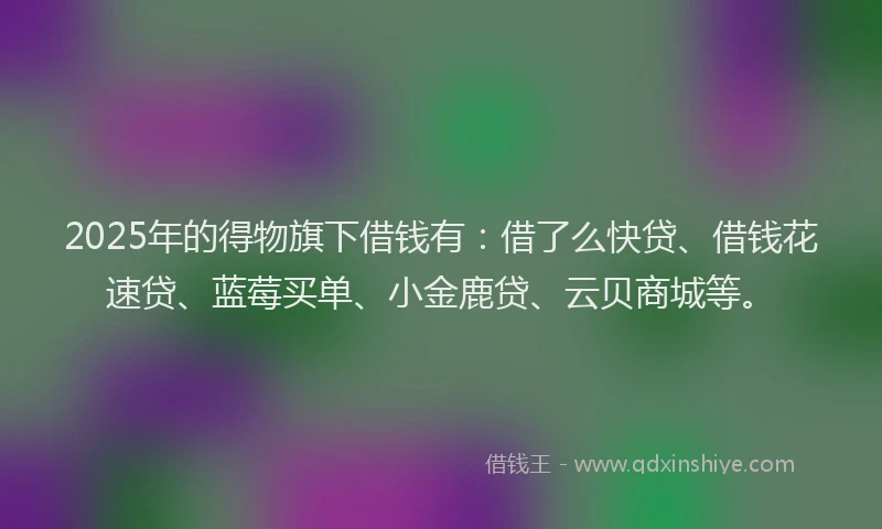 2025年的得物旗下借钱有：借了么快贷、借钱花速贷、蓝莓买单、小金鹿贷、云贝商城等。