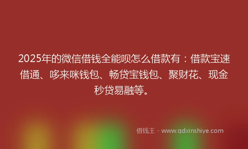2025年的微信借钱全能呗怎么借款有：借款宝速借通、哆来咪钱包、畅贷宝钱包、聚财花、现金秒贷易融等。