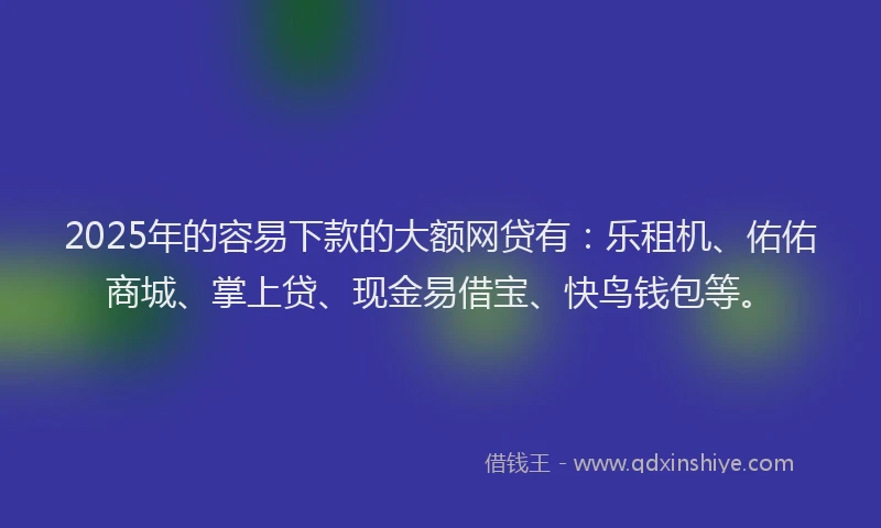 2025年的容易下款的大额网贷有：乐租机、佑佑商城、掌上贷、现金易借宝、快鸟钱包等。
