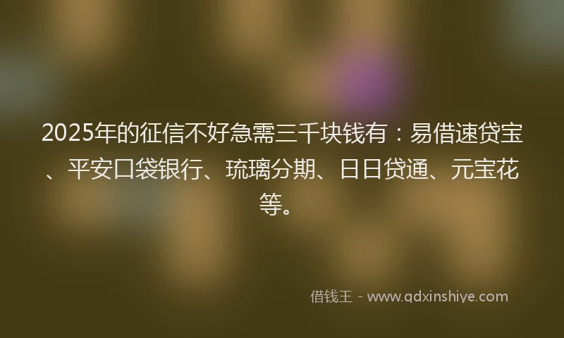 2025年的征信不好急需三千块钱有：易借速贷宝、平安口袋银行、琉璃分期、日日贷通、元宝花等。