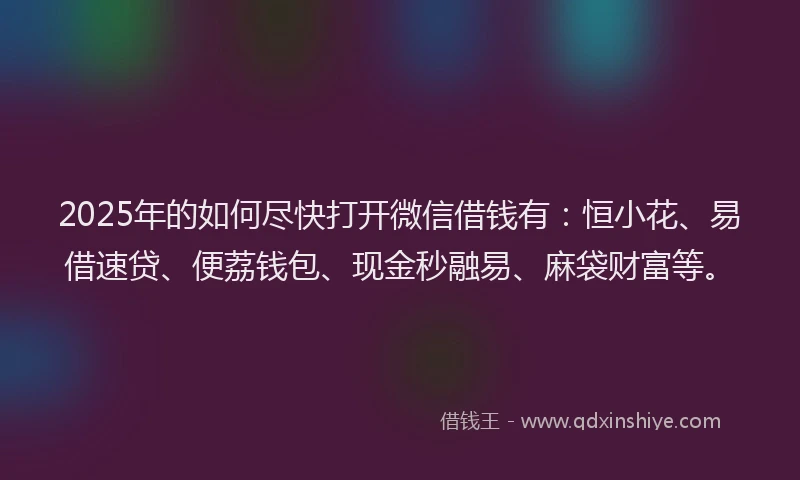 2025年的如何尽快打开微信借钱有：恒小花、易借速贷、便荔钱包、现金秒融易、麻袋财富等。