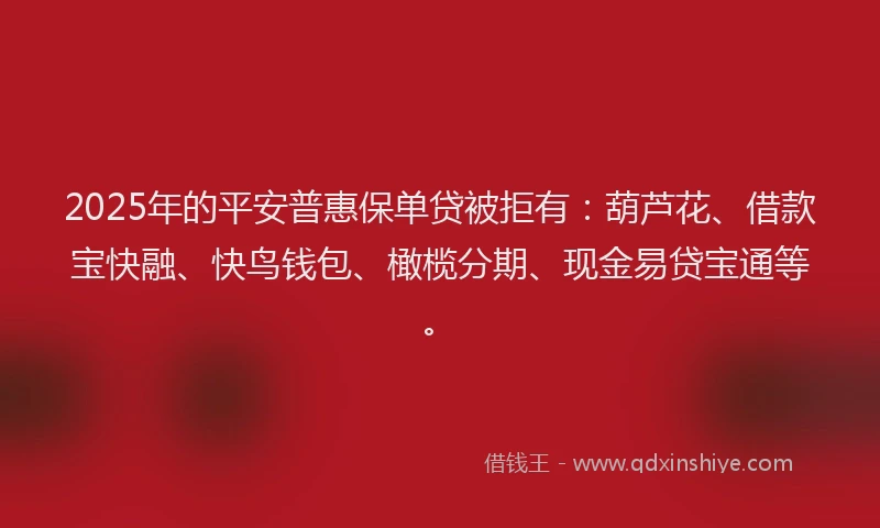 2025年的平安普惠保单贷被拒有：葫芦花、借款宝快融、快鸟钱包、橄榄分期、现金易贷宝通等。