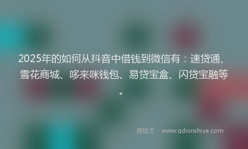 2025年的如何从抖音中借钱到微信有:速贷通、雪花商城、哆来咪钱包、易贷宝盒、闪贷宝融等。