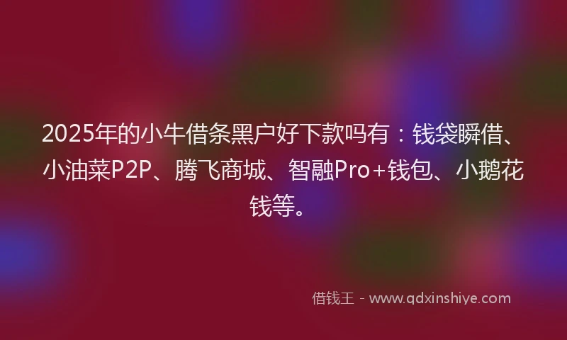 2025年的小牛借条黑户好下款吗有：钱袋瞬借、小油菜P2P、腾飞商城、智融Pro+钱包、小鹅花钱等。