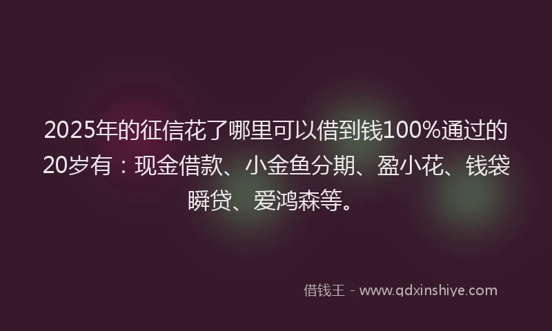 2025年的征信花了哪里可以借到钱100%通过的20岁有：现金借款、小金鱼分期、盈小花、钱袋瞬贷、爱鸿森等。