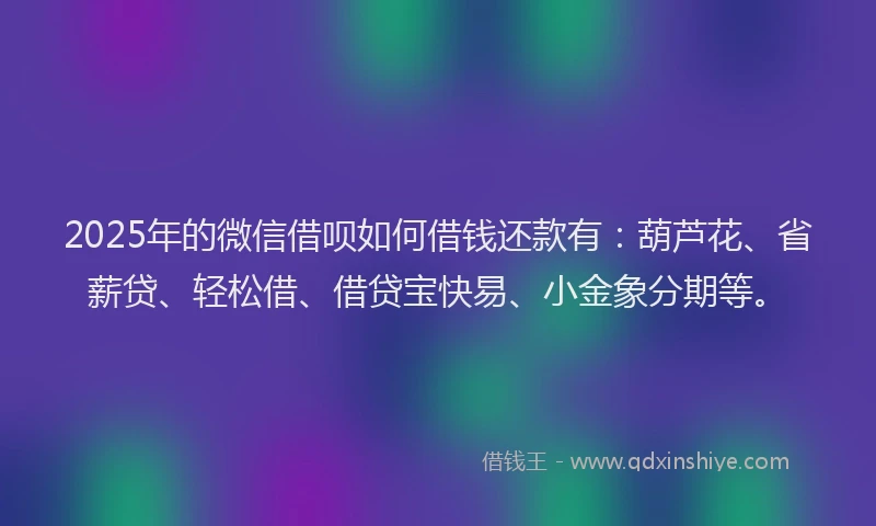 2025年的微信借呗如何借钱还款有：葫芦花、省薪贷、轻松借、借贷宝快易、小金象分期等。