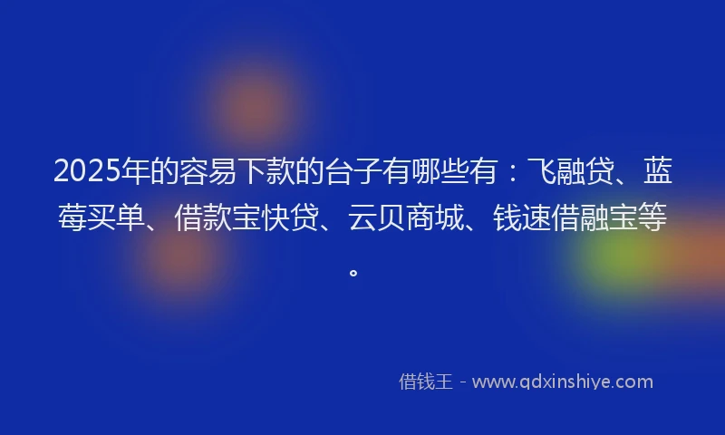 2025年的容易下款的台子有哪些有：飞融贷、蓝莓买单、借款宝快贷、云贝商城、钱速借融宝等。