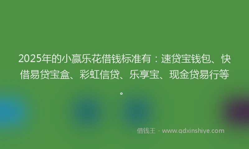 2025年的小赢乐花借钱标准有：速贷宝钱包、快借易贷宝盒、彩虹信贷、乐享宝、现金贷易行等。