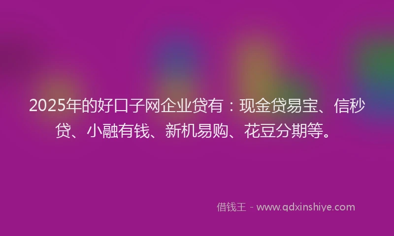 2025年的好口子网企业贷有：现金贷易宝、信秒贷、小融有钱、新机易购、花豆分期等。