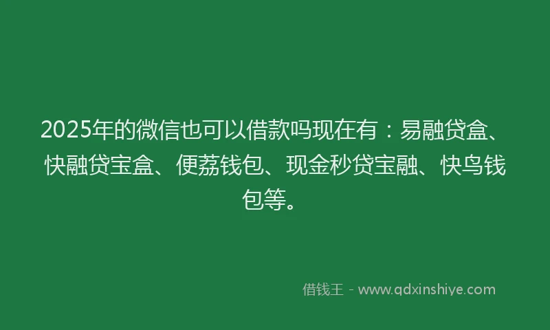 2025年的微信也可以借款吗现在有：易融贷盒、快融贷宝盒、便荔钱包、现金秒贷宝融、快鸟钱包等。