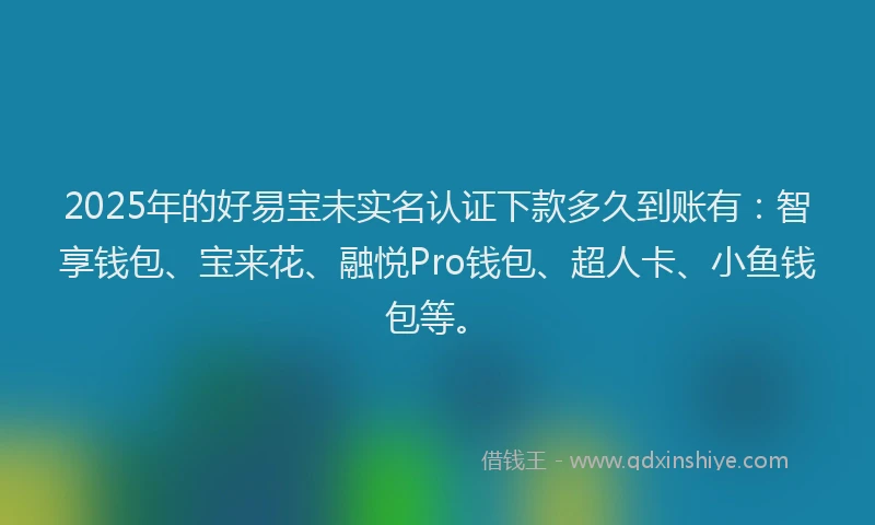 2025年的好易宝未实名认证下款多久到账有：智享钱包、宝来花、融悦Pro钱包、超人卡、小鱼钱包等。
