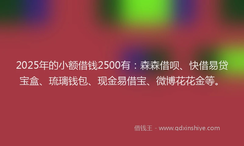 2025年的小额借钱2500有：森森借呗、快借易贷宝盒、琉璃钱包、现金易借宝、微博花花金等。