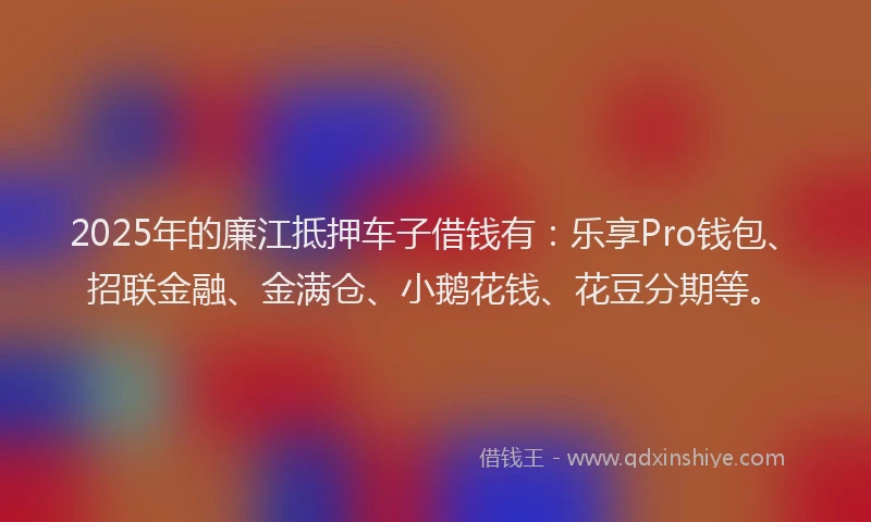 2025年的廉江抵押车子借钱有：乐享Pro钱包、招联金融、金满仓、小鹅花钱、花豆分期等。