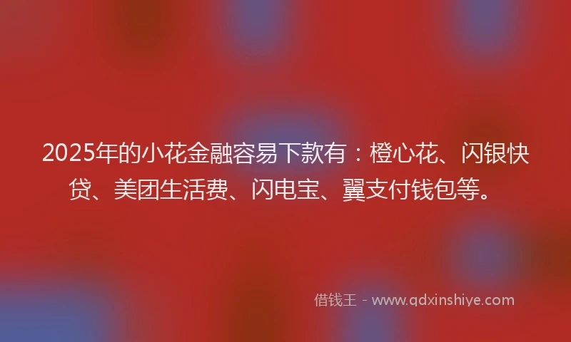 2025年的小花金融容易下款有：橙心花、闪银快贷、美团生活费、闪电宝、翼支付钱包等。