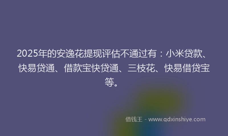 2025年的安逸花提现评估不通过有：小米贷款、快易贷通、借款宝快贷通、三枝花、快易借贷宝等。