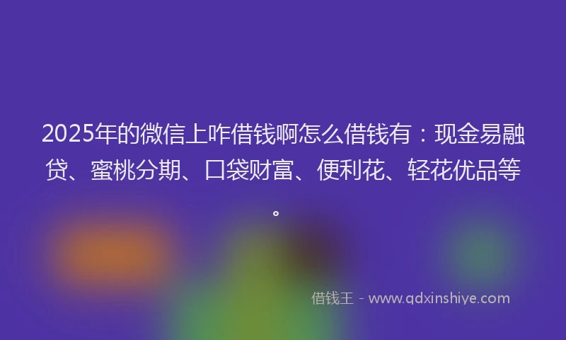 2025年的微信上咋借钱啊怎么借钱有：现金易融贷、蜜桃分期、口袋财富、便利花、轻花优品等。