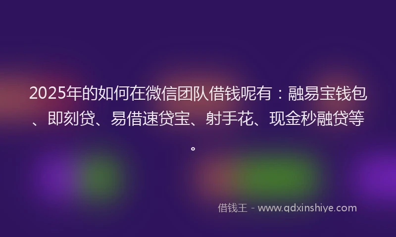 2025年的如何在微信团队借钱呢有：融易宝钱包、即刻贷、易借速贷宝、射手花、现金秒融贷等。