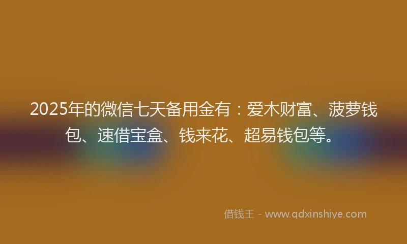 2025年的微信七天备用金有：爱木财富、菠萝钱包、速借宝盒、钱来花、超易钱包等。