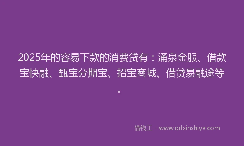 2025年的容易下款的消费贷有：涌泉金服、借款宝快融、甄宝分期宝、招宝商城、借贷易融途等。