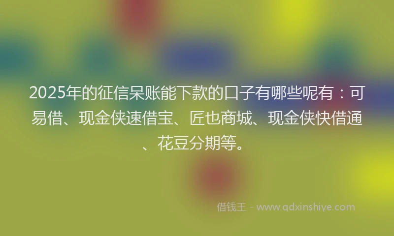 2025年的征信呆账能下款的口子有哪些呢有：可易借、现金侠速借宝、匠也商城、现金侠快借通、花豆分期等。