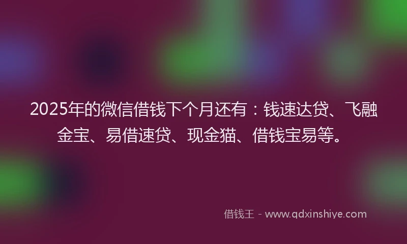 2025年的微信借钱下个月还有：钱速达贷、飞融金宝、易借速贷、现金猫、借钱宝易等。