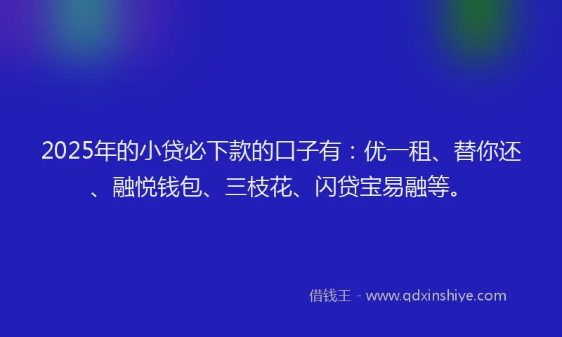 2025年的小贷必下款的口子有：优一租、替你还、融悦钱包、三枝花、闪贷宝易融等。