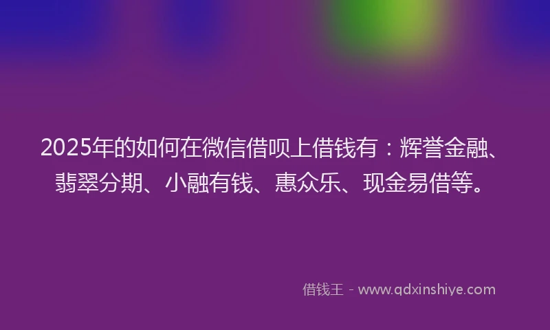 2025年的如何在微信借呗上借钱有：辉誉金融、翡翠分期、小融有钱、惠众乐、现金易借等。