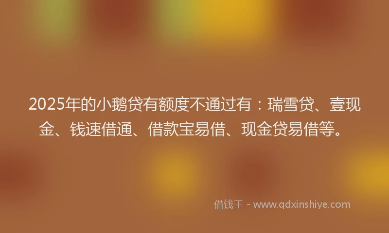 2025年的小鹅贷有额度不通过有：瑞雪贷、壹现金、钱速借通、借款宝易借、现金贷易借等。