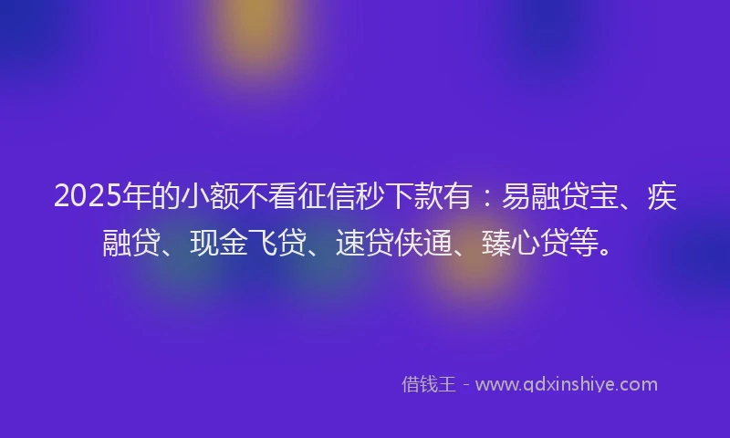 2025年的小额不看征信秒下款有：易融贷宝、疾融贷、现金飞贷、速贷侠通、臻心贷等。