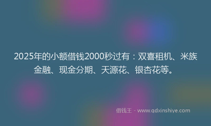 2025年的小额借钱2000秒过有：双喜租机、米族金融、现金分期、天源花、银杏花等。