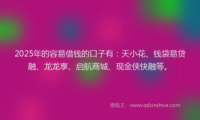 2025年的容易借钱的口子有：天小花、钱袋易贷融、龙龙享、启航商城、现金侠快融等。