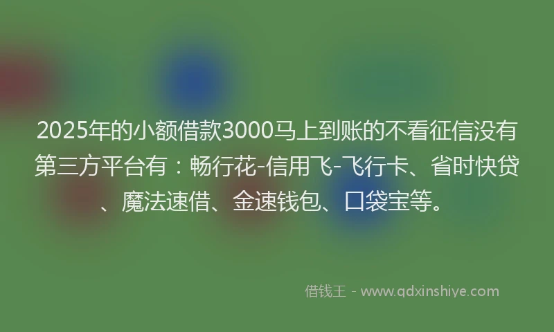 2025年的小额借款3000马上到账的不看征信没有第三方平台有：畅行花-信用飞-飞行卡、省时快贷、魔法速借、金速钱包、口袋宝等。
