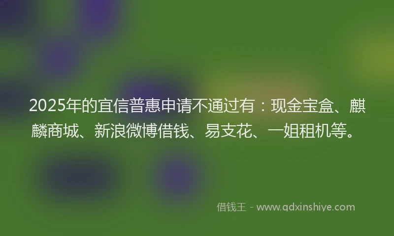2025年的宜信普惠申请不通过有：现金宝盒、麒麟商城、新浪微博借钱、易支花、一姐租机等。