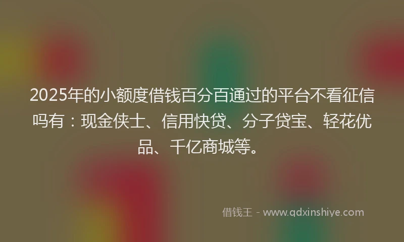 2025年的小额度借钱百分百通过的平台不看征信吗有：现金侠士、信用快贷、分子贷宝、轻花优品、千亿商城等。