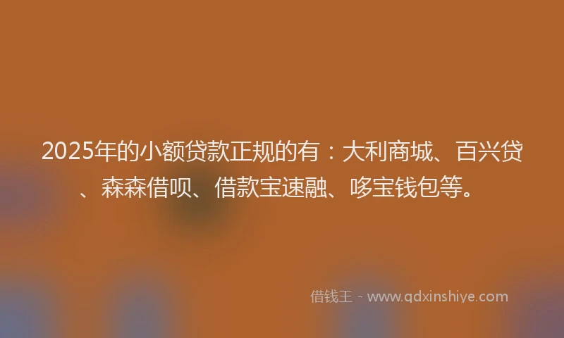 2025年的小额贷款正规的有：大利商城、百兴贷、森森借呗、借款宝速融、哆宝钱包等。
