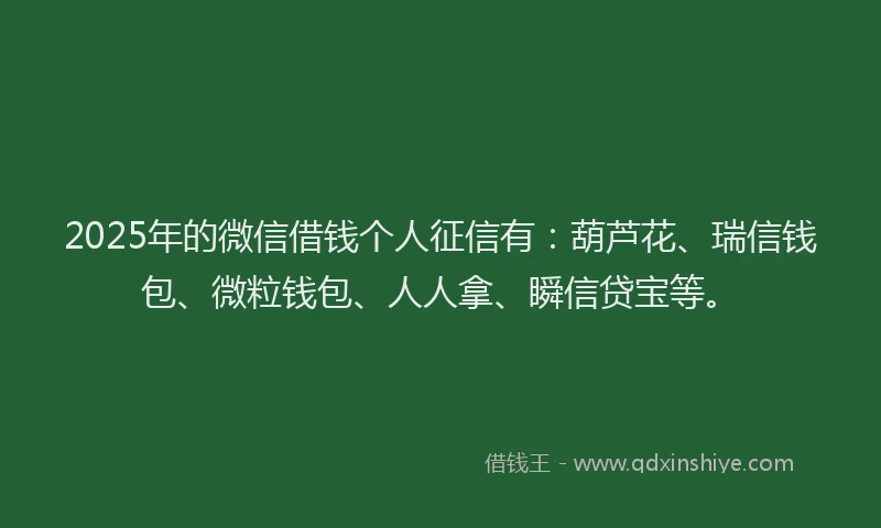 2025年的微信借钱个人征信有：葫芦花、瑞信钱包、微粒钱包、人人拿、瞬信贷宝等。