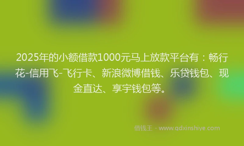 2025年的小额借款1000元马上放款平台有：畅行花-信用飞-飞行卡、新浪微博借钱、乐贷钱包、现金直达、享宇钱包等。