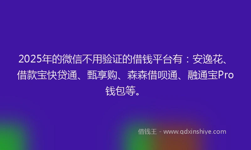 2025年的微信不用验证的借钱平台有：安逸花、借款宝快贷通、甄享购、森森借呗通、融通宝Pro钱包等。