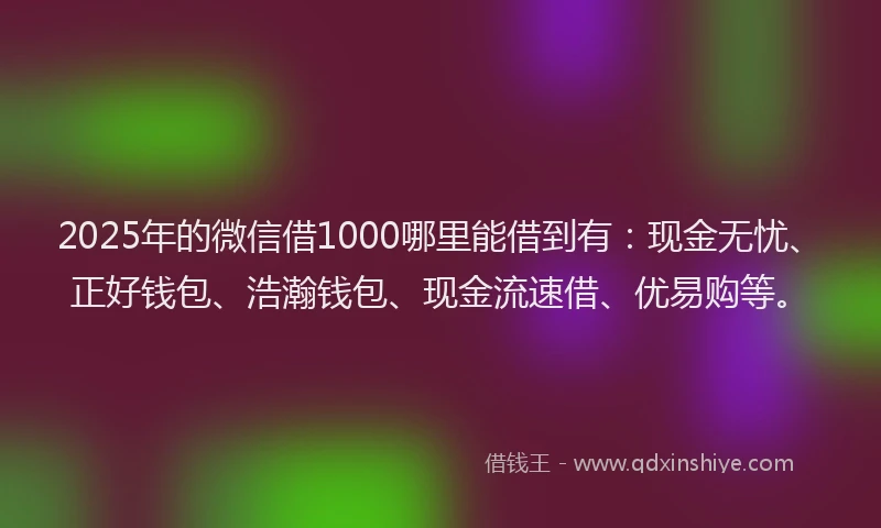 2025年的微信借1000哪里能借到有：现金无忧、正好钱包、浩瀚钱包、现金流速借、优易购等。