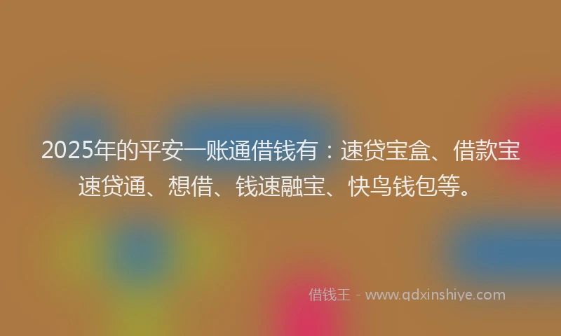 2025年的平安一账通借钱有：速贷宝盒、借款宝速贷通、想借、钱速融宝、快鸟钱包等。