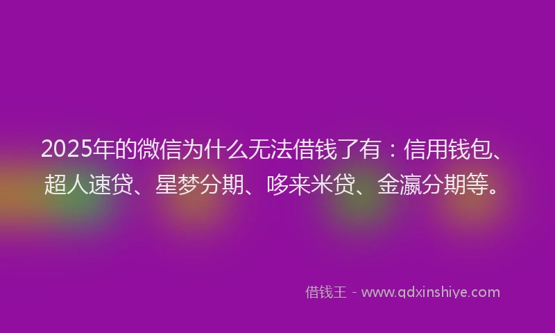 2025年的微信为什么无法借钱了有：信用钱包、超人速贷、星梦分期、哆来米贷、金瀛分期等。