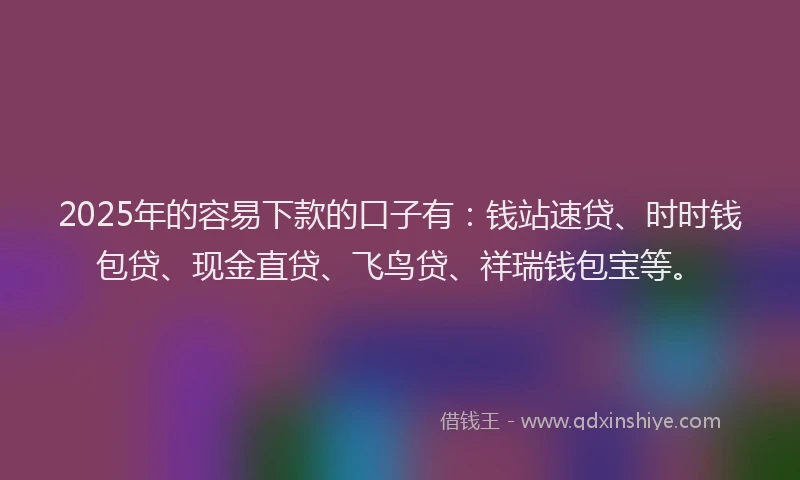 2025年的容易下款的口子有：钱站速贷、时时钱包贷、现金直贷、飞鸟贷、祥瑞钱包宝等。